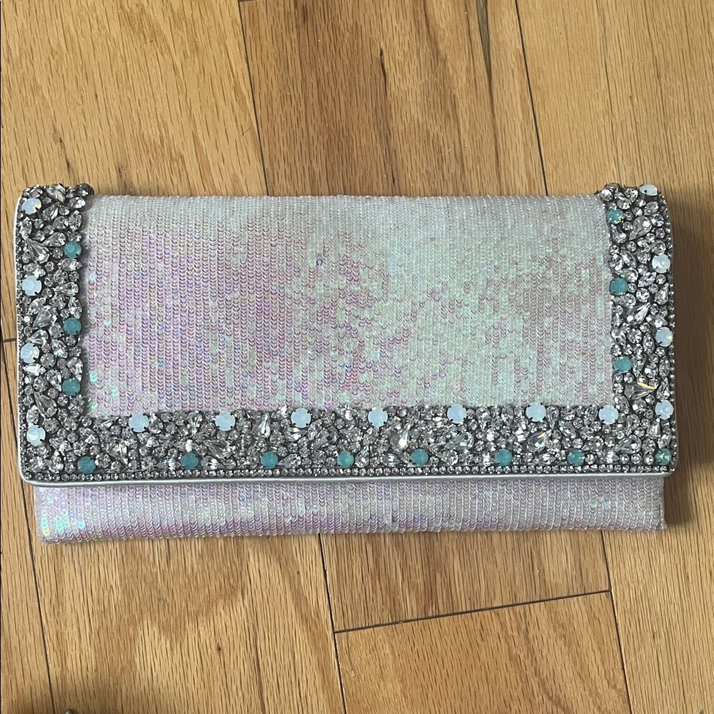 Iridescent White Crystal-Trim Evening Clutch